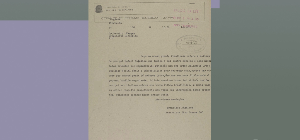 Telegrama de Francisco Angélico pedindo ao presidente Vargas a libertação de seu pai