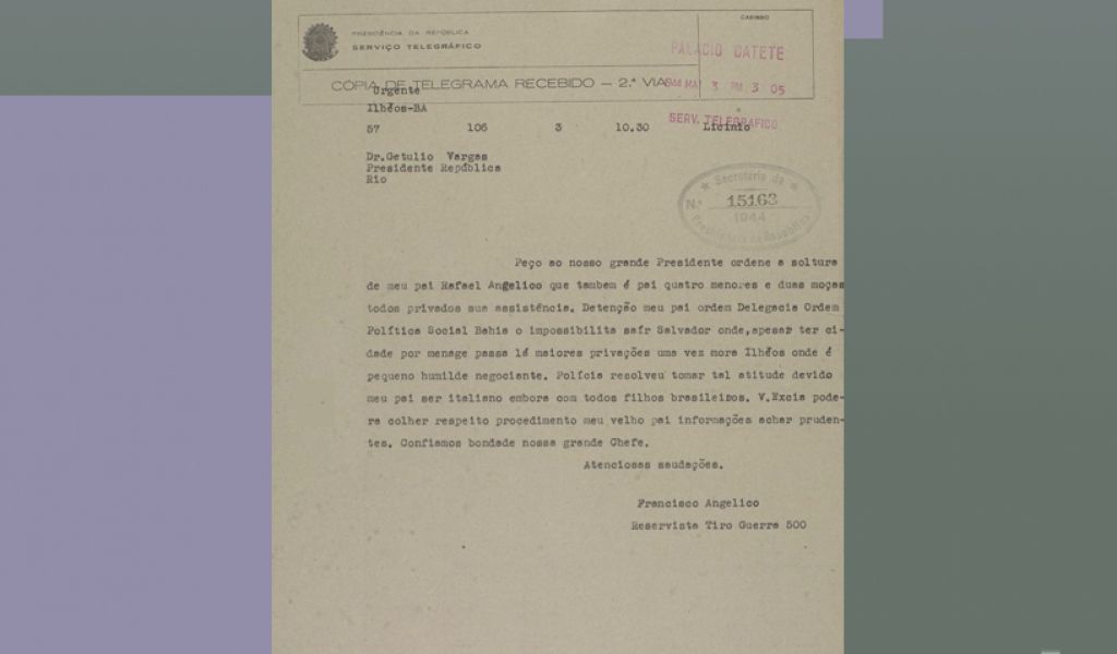 Telegrama de Francisco Angélico pedindo ao presidente Vargas a libertação de seu pai